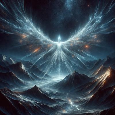 Primary subject: A beautifully drawn angel with wings, floating in a dark, starry sky.

Setting/background: The angel is surrounded by a mountainous landscape, with a starry night sky in the background.

Visual style: The image is a digital art piece, featuring a detailed and intricate angel design.

Colors and mood: The image has a dark and moody atmosphere, with the starry night sky and the angel's wings providing a sense of depth and mystery.
